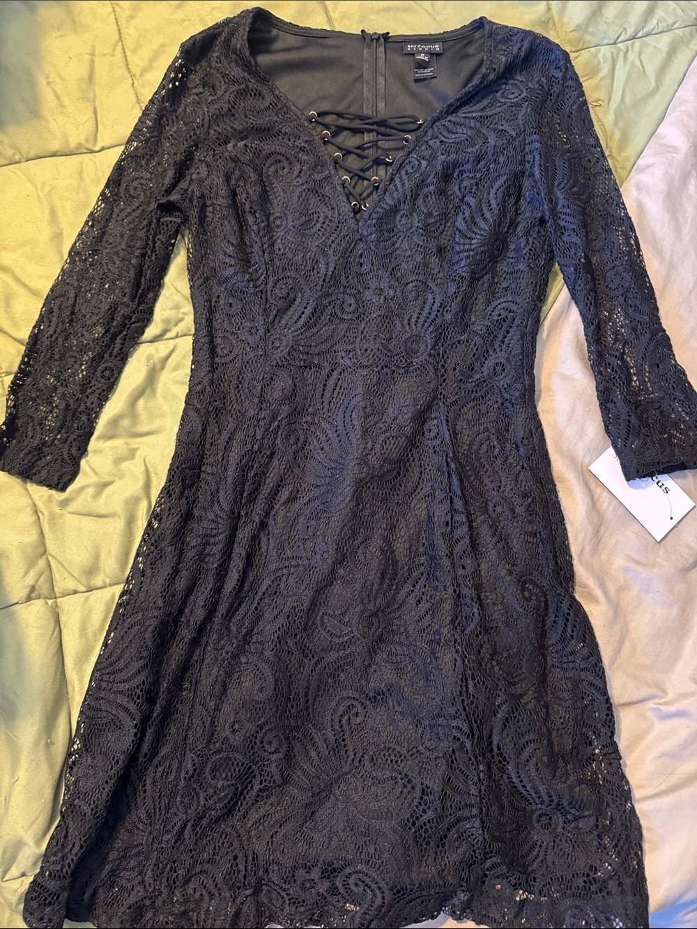 En Focus Lace-Up V-Neck Black Lace Dress